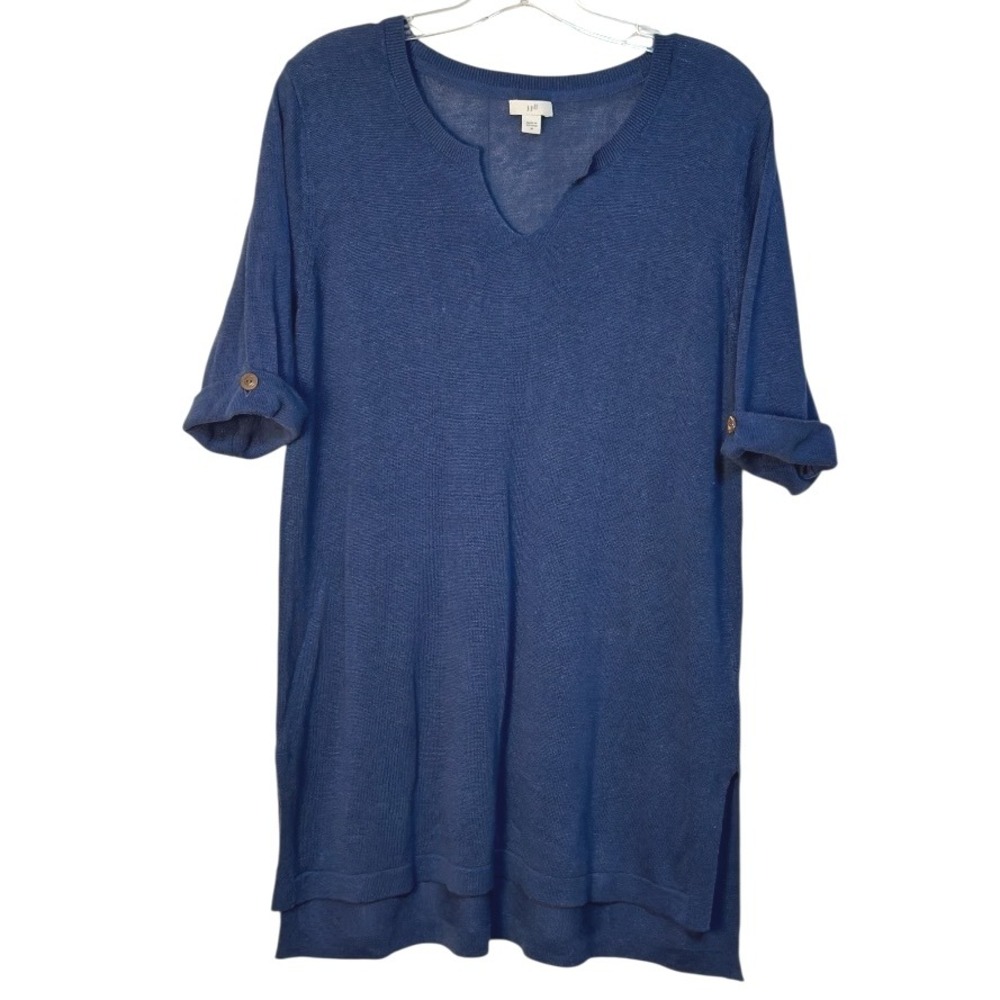 J Jill Knit Tunic Top Button Sleeve Detail Casual Blue V Neck Layering M - Picture 1 of 5